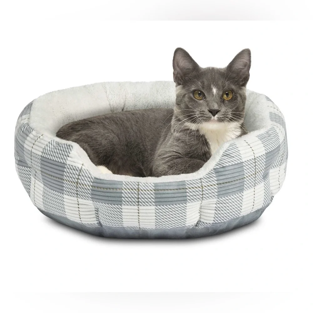 Vibrant Life Small Cat Or Dog Cuddler Bed- Gray & White Plaid 17x19x6.25 Inches